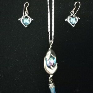 Vintage Aqua Aura Quartz Crystal Necklace and Earrings Set 22" Chain